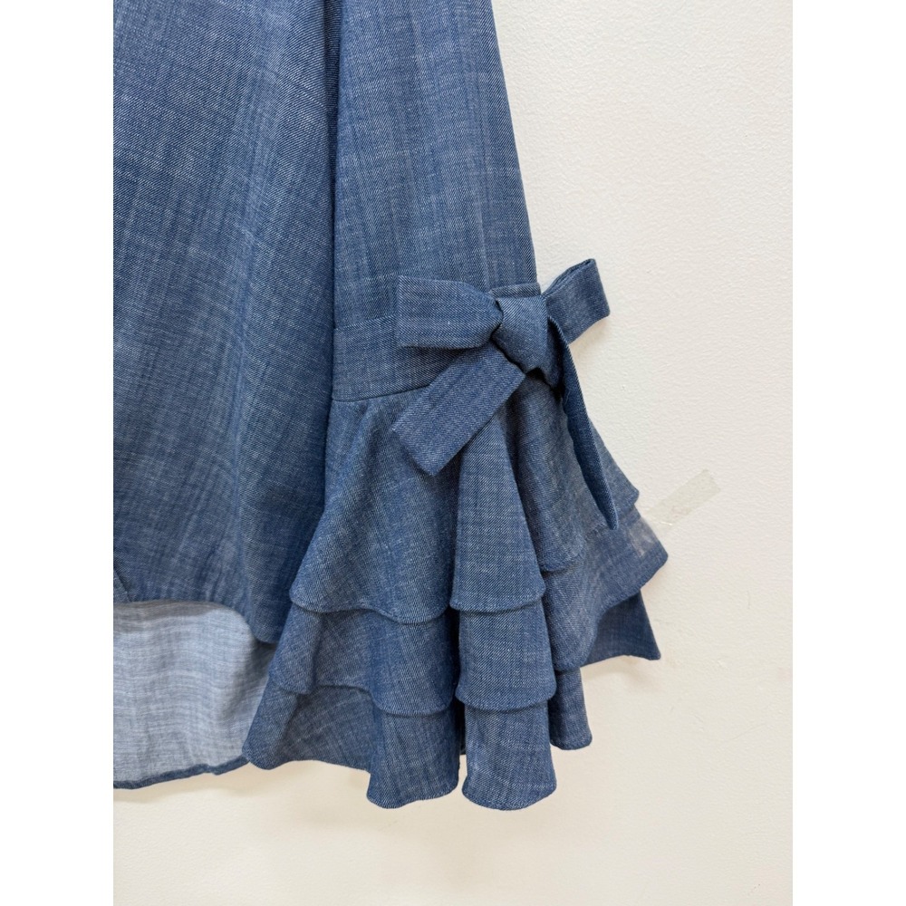 Misa Wrap Blouse Size M Blue Ruffle Bell Sleeve Bow Detail Chambray Style - Picture 4 of 11